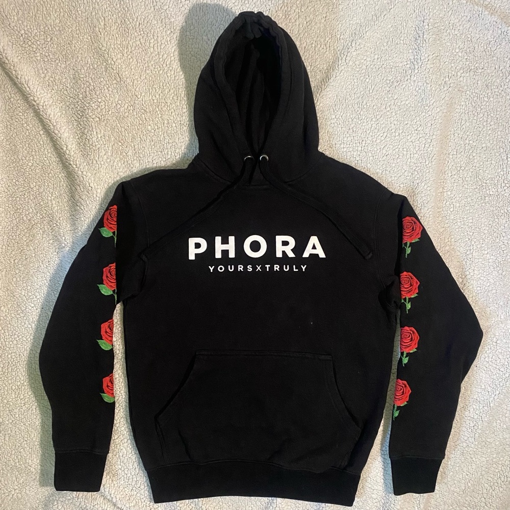 Beautiful Phora Black Hoodie With Red Roses On Both Sleeves Unisex Size Small
